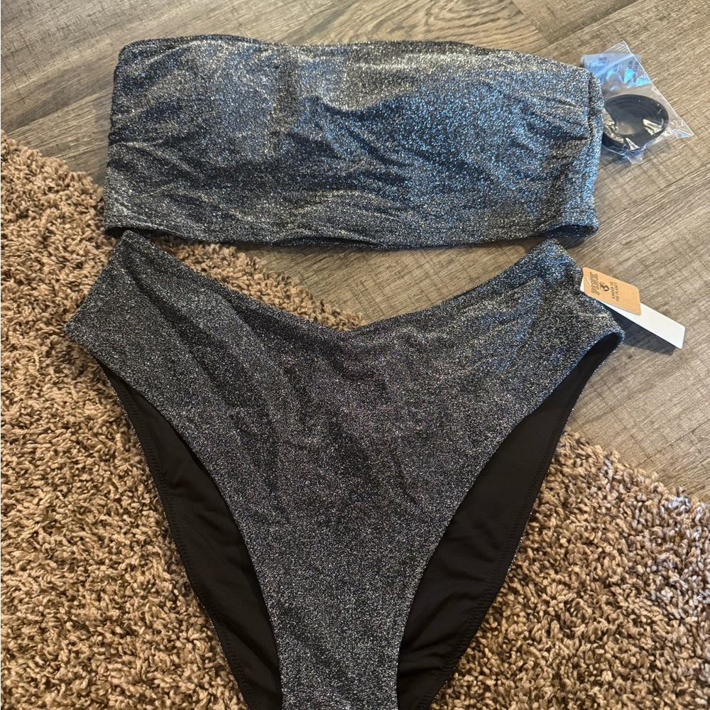 Victoria's Secret PINK Glittery Black Bikini NWT Size XL top & L bottoms